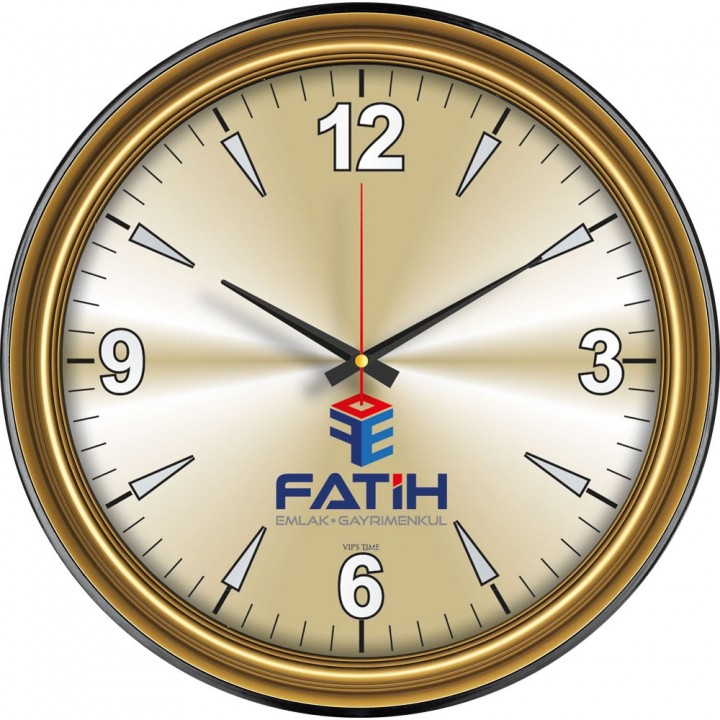 Logo Baskılı 46 cm Antik Altın Fitilli Çerçeveli Metal Kadranlı Plastik Duvar Saati